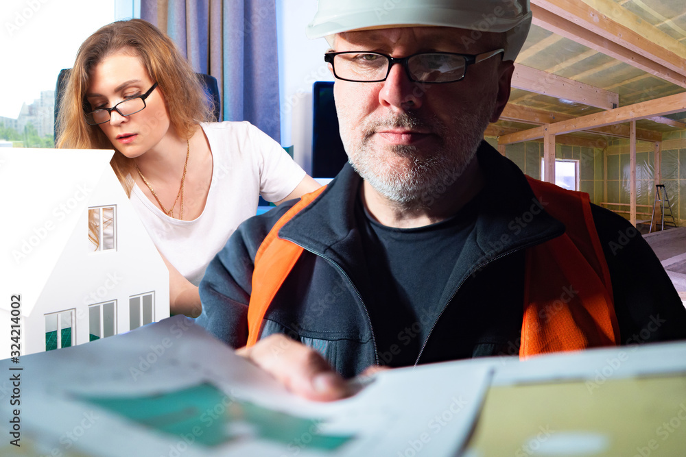Poster builder is considering the drawings of the building. builder next to the architect. architect next t