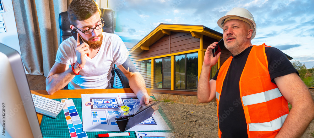 Aufkleber smart home application development. the application developer is talking to the builder. the designe