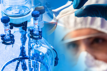 Chemical laboratory. Work with a rotary evaporator. Concept - the use of a rotary evaporator. A man...