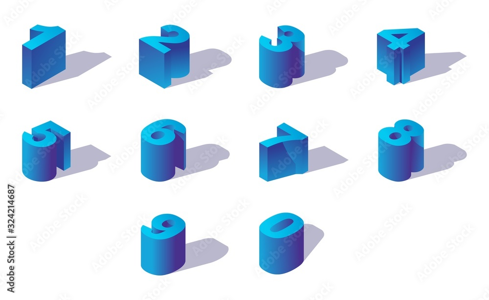 Fototapete Blue isometric numbers sequence from zero to nine. Creative 3d digits drawn with shadows.