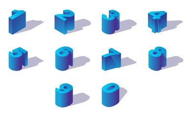 Blue isometric numbers sequence from zero to nine. Creative 3d digits drawn with shadows.