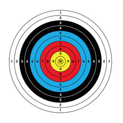 Outdoor archery target in traditional colors - yellow, red, blue, black and white. Vector illustration