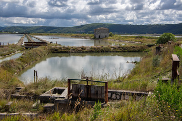 Secovlje Saltworks largest Slovenian salt evaporation pond on Adratic sea, natural and industrial landscape in Slovenia Piran