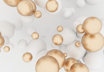 White and gold pearls fly in space. Matte and shiny glow sphere. 3d balls are falling - render illustration. Abstract trendy stylish wallpaper background