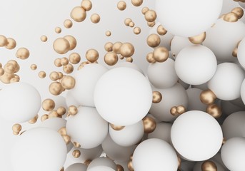 White and gold pearls fly in space. Matte and shiny glow sphere. 3d balls are falling - render illustration. Abstract trendy stylish wallpaper background