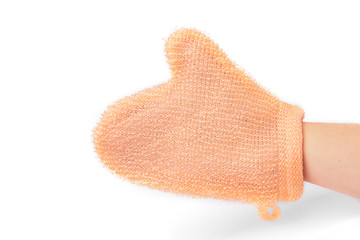 Exfoliating massage glove for shower isolated on white background.