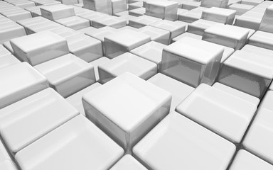 Cubic wall - 3d render illustration. Concept design - sterile gray-white boxing puzzle. Randomly scattered 3d cubes that form a block element. Light background wallpaper for copy space and banners