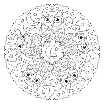 Coloring page mandala with owl, moon, stars, clouds. Vector Illustration.