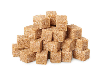 Pile of brown sugar cubes isolated on white background.