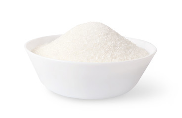 White sugar in a bowl isolated on white backgroud.
