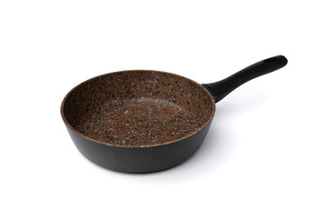 Brown non-stick frying pan isolated on white background.
