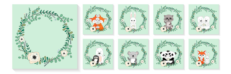Cute animals, eucalyptus and flower wreath. Greeting cards, posters, banners set. Foxes, bunny, raccoon, polar bears and penguin, koala, pandas. Hand drawn vector illustration.