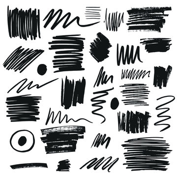 Collection of hand drawn brush paints, scribbles, marker elements. Vector isolated illustration.