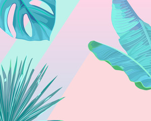 Fototapeta na wymiar Abstract summer background. Minimal neon design. Fashion trend. Tropical print with palm leaves. Vector illustration
