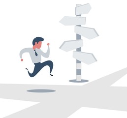 Right direction. A businessman looks at arrows pointing to many directions. Concept business vector illustration