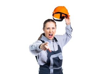 Builder engineer girl yells at the camera and shows a hand gesture at you. Isolated