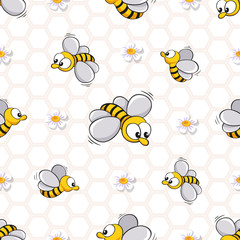 Childish seamless pattern with honeycomb, chamomile and cartoon bees