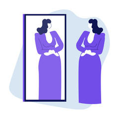 Woman looking at mirror reflection and trying on evening dress