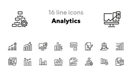 Analytics icon. Set of line icons on white background. Bar graph, marketing report, discount. Diagram concept. Vector illustration can be used for topics like business, finance, trade © SurfupVector