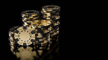 Modern Black And Gold Casino Chips, Isolated On The Black Background - 3D Illustration