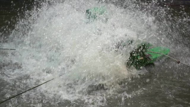 Slow motion of water turbine for wastewater treatment