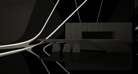 Abstract architectural black and white interior of a modern villa with neon lighting. 3D illustration and rendering.