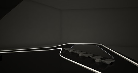 Abstract architectural black and white interior of a modern villa with neon lighting. 3D illustration and rendering.