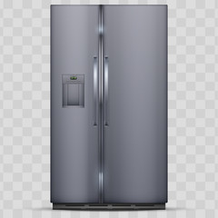 Modern Smart Fridge Freezer refrigerator with double doors. Silver color. Household technology and appliances. Vector Illustration isolated on transparent background.
