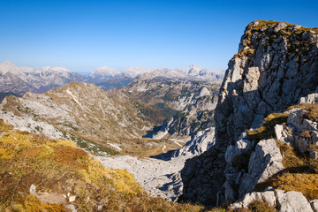 Autumn view form Krn mountain towards Triglav and lake