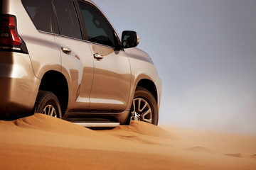 Fototapeta na wymiar Off-road safari on the golden sands of the desert on a car in Walvis Bay. Namibia. SUV breaks through sand dunes in the desert