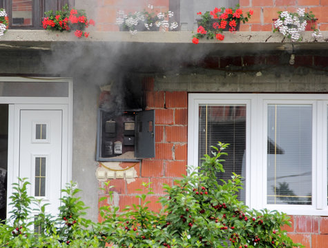 Danger, Fire Develops In The Electric Meter Box.Charred Electrical Meter