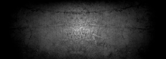 Old wall texture cement dark black gray panorama background abstract grey color design are light with white gradient background.