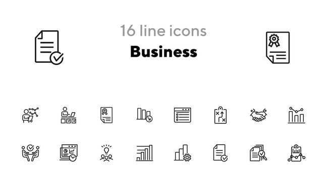 Business line icon set. Strategy, handshake, brainstorming, meeting. Business concept. Can be used for topics like analysis, marketing, management, deal