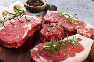 Variety Steak raw. Barbecue Rib Eye Steak, dry Aged Wagyu Entrecote Steak.