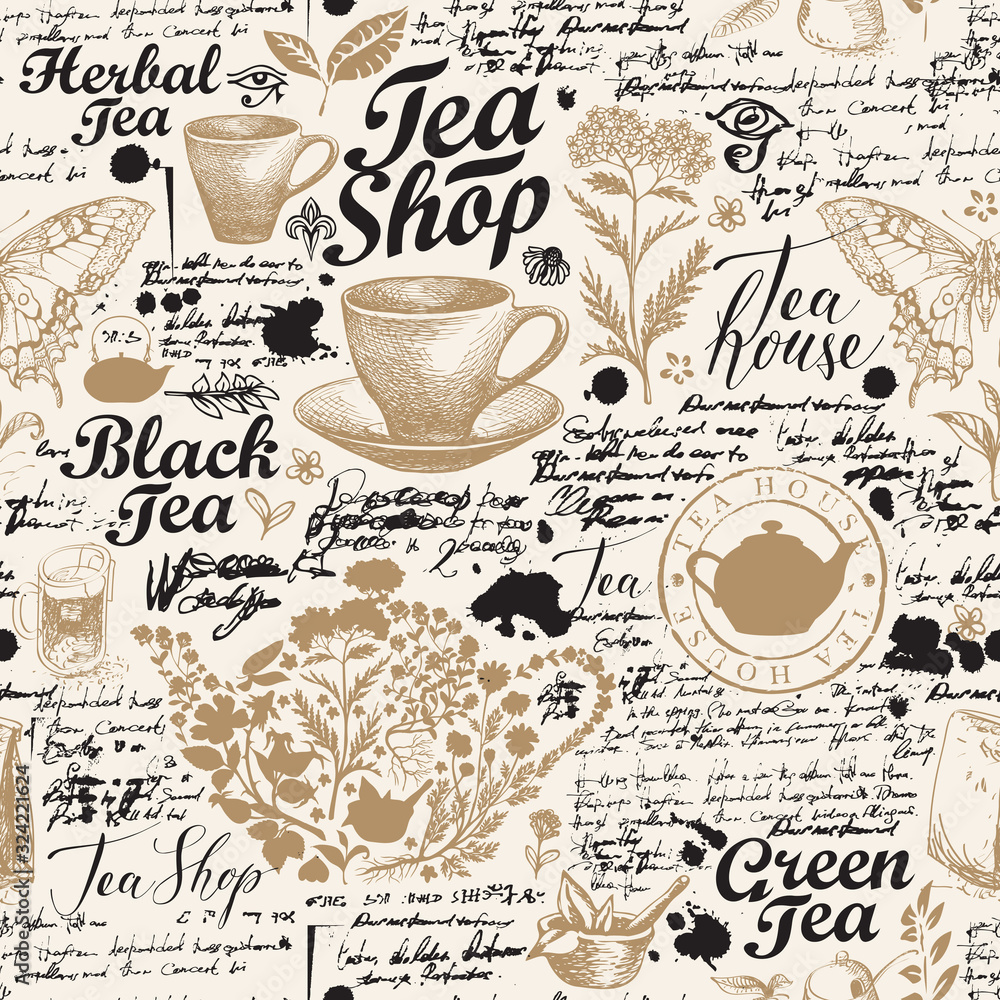 Aufkleber vector seamless pattern on the tea theme with sketches, unreadable notes, inscriptions, blots. abstr