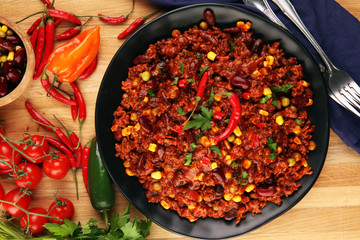 Hot chili con carne. mexican food tasty and spicy wit beans