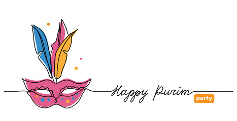 Happy purim simple vector web banner with carnival mask . One continuous line drawing, doodle, background, illustration with lettering  Happy purim and mask.