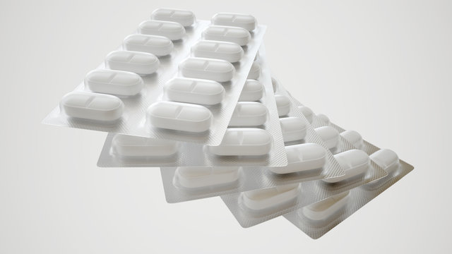 Blister with white antibiotic tablets - 3D rendering