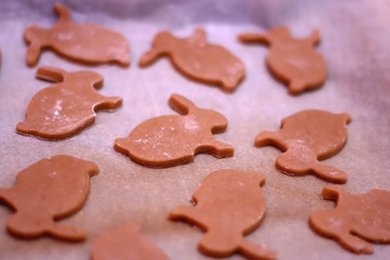 Ginger and honey cookies, shaped like Easter bunnies, ready for baking. Selective focus.