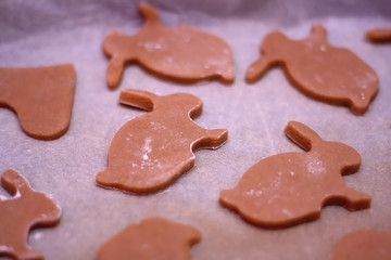 Ginger and honey cookies, shaped like Easter bunnies, ready for baking. Selective focus.