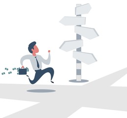 Right direction. A businessman looks at arrows pointing to many directions. Concept business vector illustration