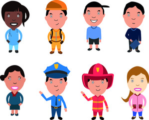 Cute people in various professions set. Smiling man and woman in uniform with professional equipment colorful vector illustrations