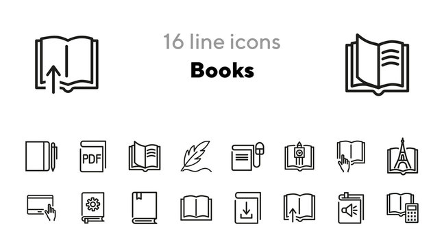 Books line icon set. Novel, information, fairytale. Education concept Can be used for topics like knowledge, school, library