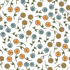 Vector Abstract Orange Yellow Blue Flowers with Green Leaves on White Background Seamless Repeat Pattern. Vector Abstract Orange Yellow Blue Flowers with Green Leaves on White Background Seamless