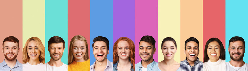 Collage of happy young diverse people photos over studio backgrounds