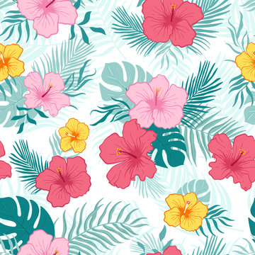 Lovely hand drawn tropical flowers and leaves seamless pattern, hibiscus and palm tree leaves, great for textiles, banners, wallpapers - vector design