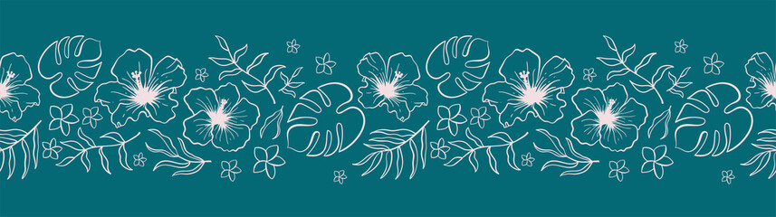 Lovely hand drawn tropical flowers and leaves horizontal seamless pattern, hibiscus and palm tree leaves, great for textiles, banners, wallpapers - vector design