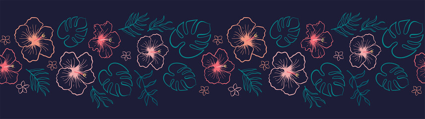Lovely hand drawn tropical flowers and leaves horizontal seamless pattern, hibiscus and palm tree leaves, great for textiles, banners, wallpapers - vector design - obrazy, fototapety, plakaty