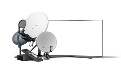 satellite tv or internet concept different size satellite dishes and tv set 3d render on white