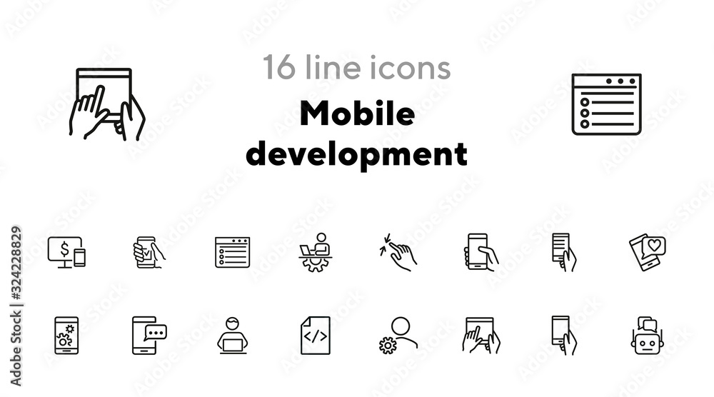 Poster mobile development line icon set. phone, smartphone, gadget using. business concept. can be used for